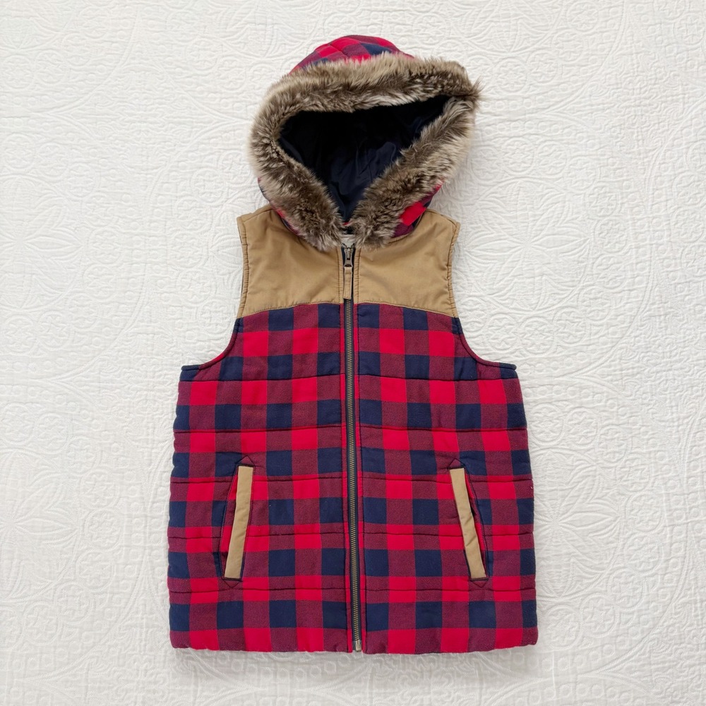 Hanna Andersson Kids Buffalo Plaid Puffer Vest Faux Fur Hood Red Navy‎ Size 140